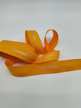 CHANEL Marigold Orange Ribbon 3 Yards Luxury Gift Wrap Trim Iridescent Silver